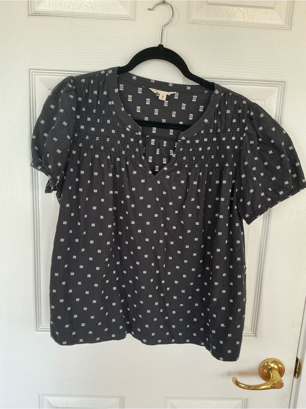 Lucky Brand  Short Sleeve Smocked Peasant Blouse with White Dot Print